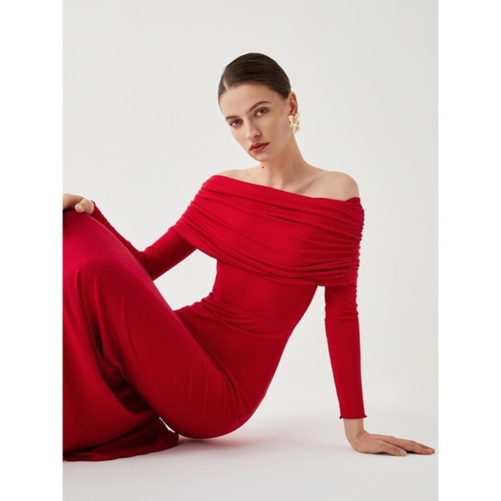 COMMENSE Red Off Shoulder Ruched Draped Long Sleeve Maxi Dress Size S